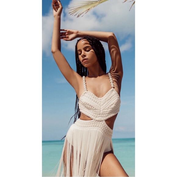 PatBO Fringe Pearl Beaded Crochet Cutout White Beach Maxi Dress Size 2 - Picture 4 of 13